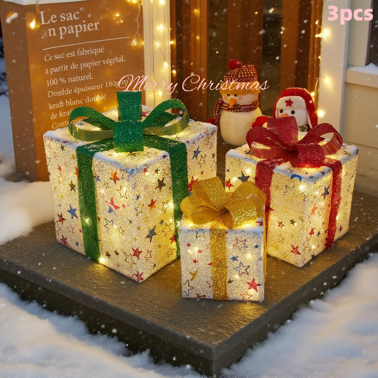 3pcs Lighted Christmas Gift Box Set with Warm LED Lights & Snowy Ribbon Bows