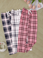 3-Piece Women's Plaid Pants Set - Casual Comfort, Suitable for All Seasons