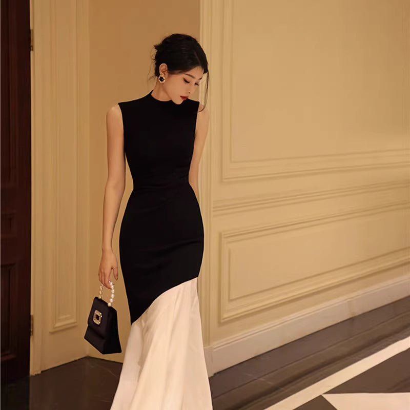 New Black Womens Summer Sleeveless Spliced Slim-fit Elegant Fish-tail Knit Maxi Dress