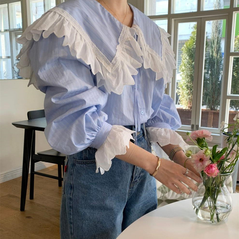 Doll Collar Lace Puff Sleeve Loose All-matching Shirt