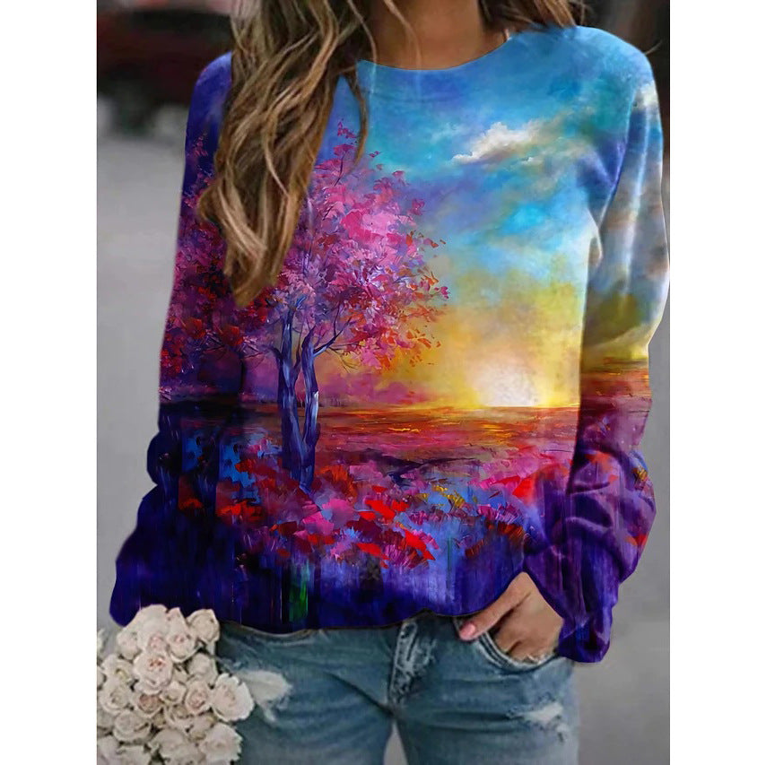 Floral Landscape Print Long Sleeve Streetwear Pullover