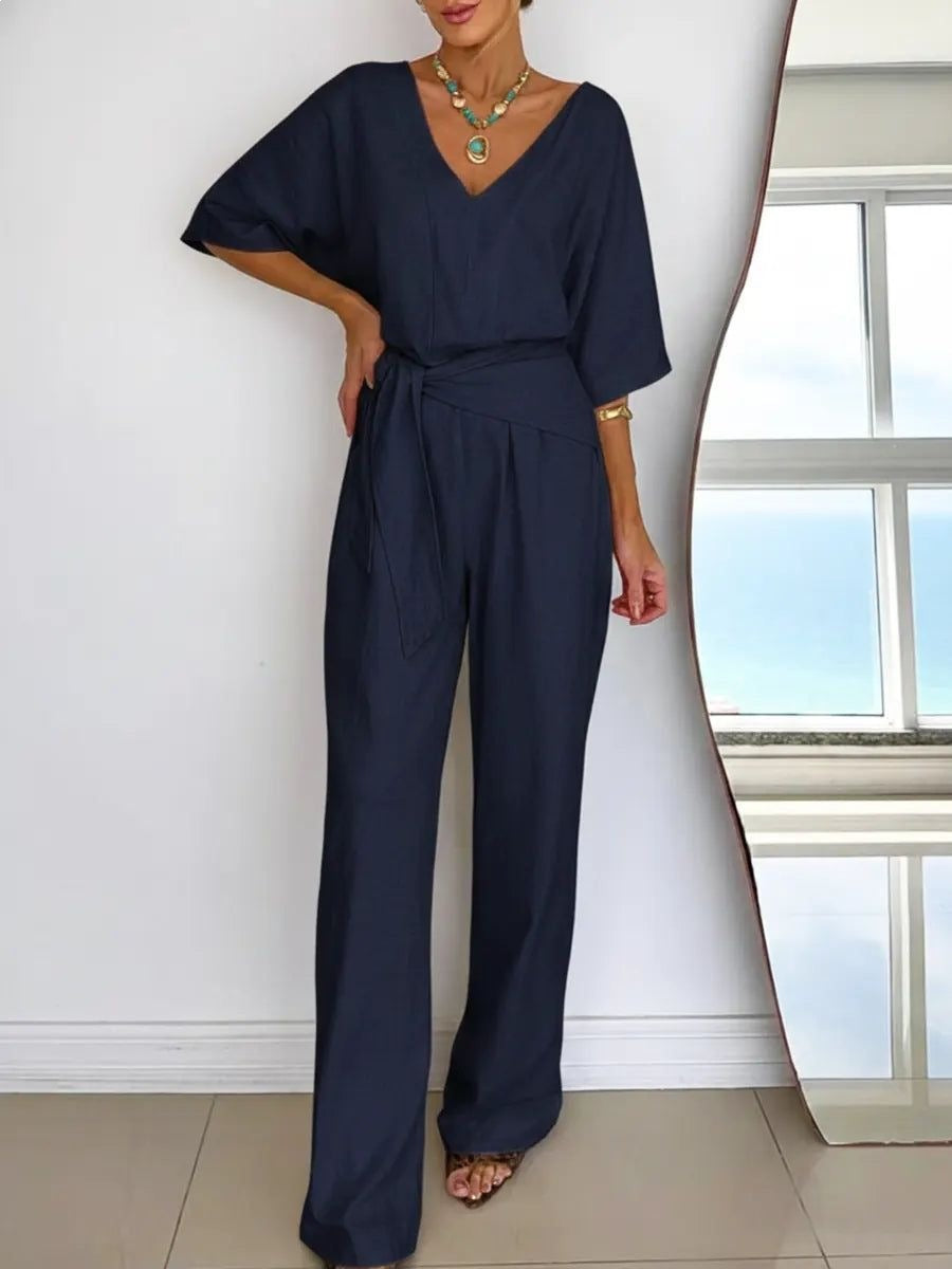 Chic V-Neck Belted Casual Jumpsuit
