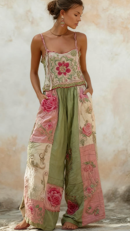 Bohemian Rose Embroidered Floral Patchwork Jumpsuit