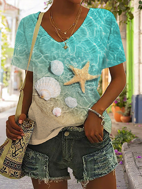 Women's 3D Printed Loose V-Neck Short Sleeve Top