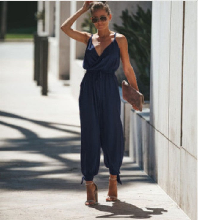Sexy Backless V-Neck Printed Jumpsuit with Pockets
