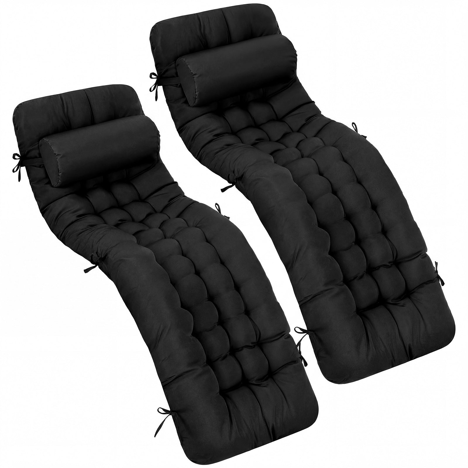 Outdoor Lounge Chair Cushion 66x21x4 Inches Waterproof and Fade Resistant Courtyard Pool Lounge Chair Cushion Headrest Strap Replacement Rocking Chair High Back Chair (black, 2pcs Set)
