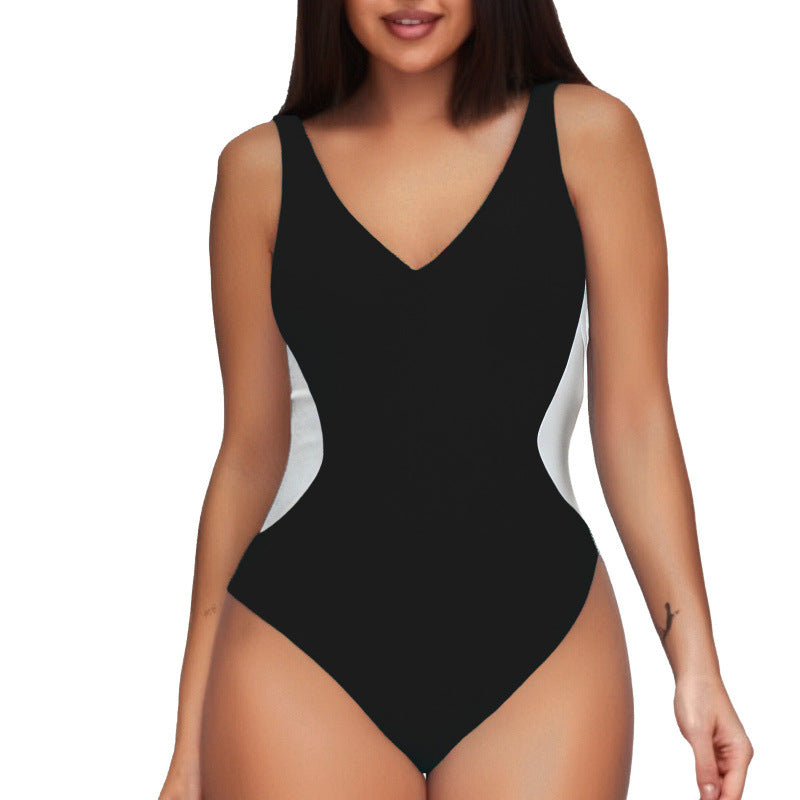 Women's One-piece Deep V Contrast Color Swimsuit