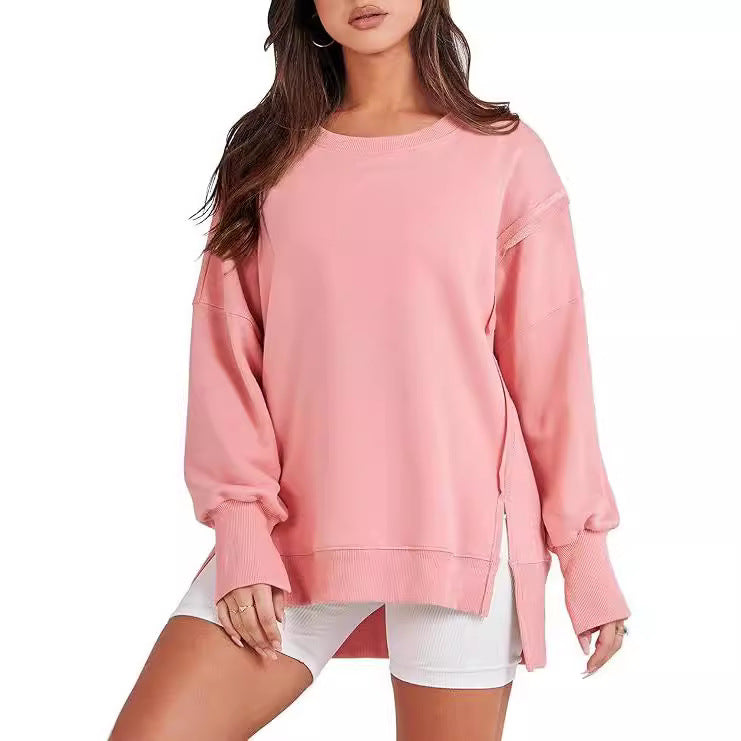 Frayed Hem Split Patchwork Long Sleeve Sweater
