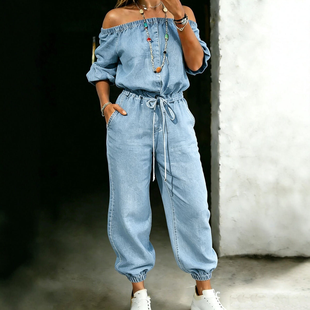 Off-Shoulder Denim Jumpsuit with Ankle Tie