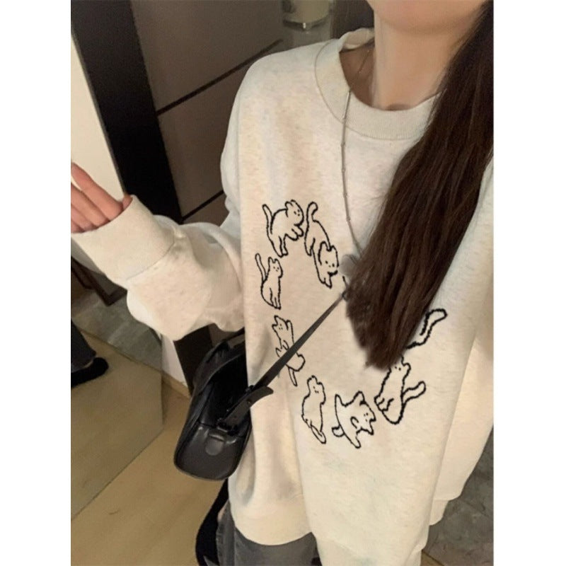 Cute Cat Print Casual Crew Neck Sweatshirt