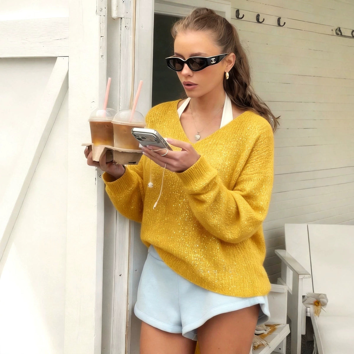Womens V-neck Blouse Loose-fit Long-sleeve Sweater