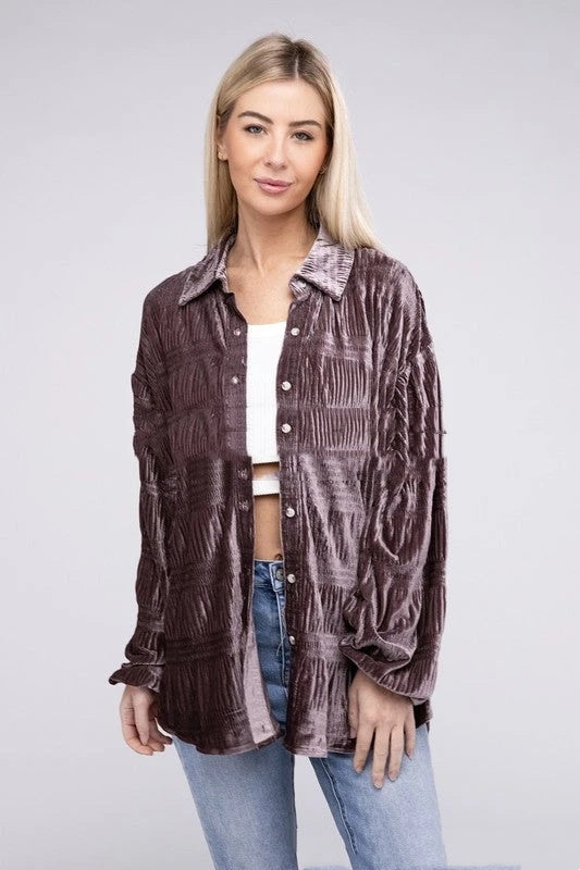 Autumn Multi-layer Pleated Velvet Single-breasted Shirt For Women