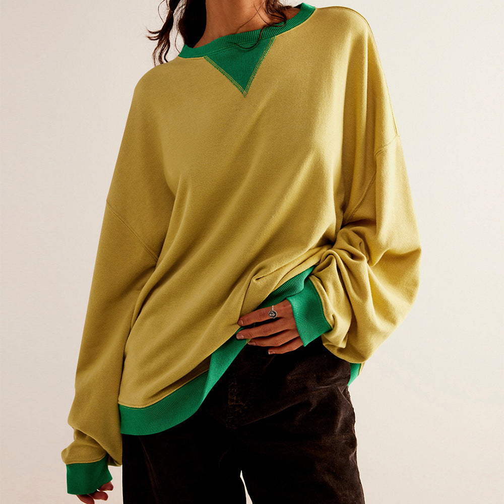 Color-Block Lantern Sleeve Casual Pullover Sweatshirt