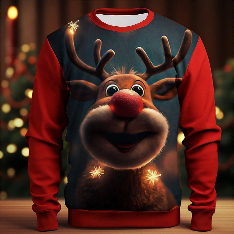 Festive Christmas Elk Print Crewneck Sweater