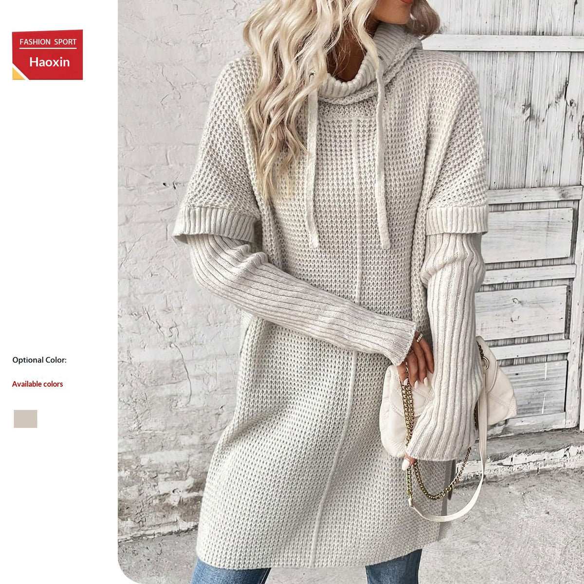 Sweater with Slits in the Sleeves and a Hooded Knitted Coat with a Slit Hem