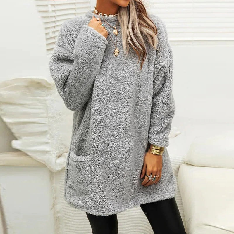 Women's Casual Pocket Long Sleeve Velour T-Shirt Dress
