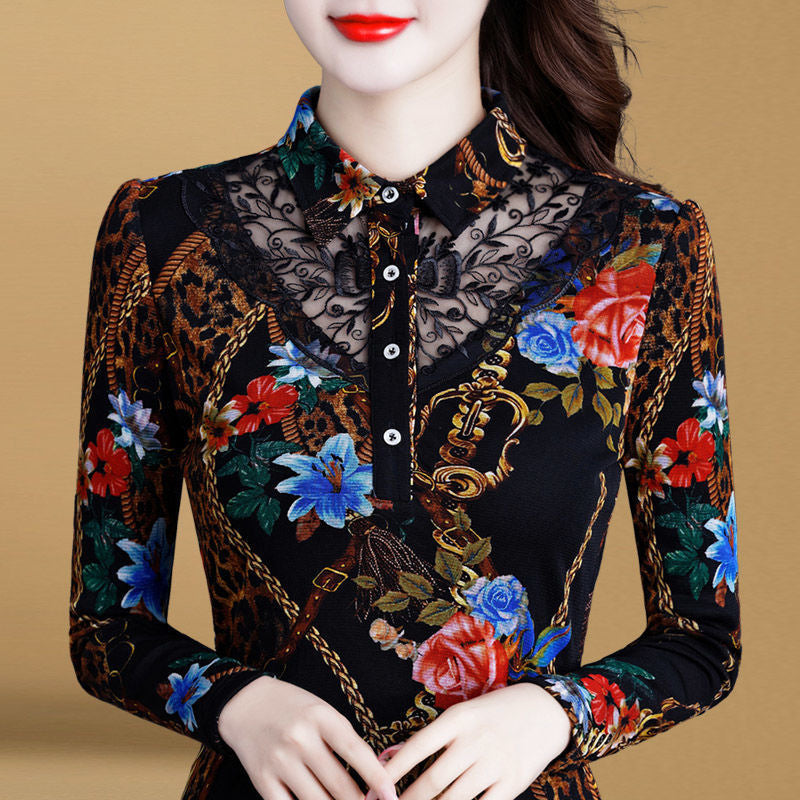 Women's Casual Lace Printed Fleece Warm T-shirt