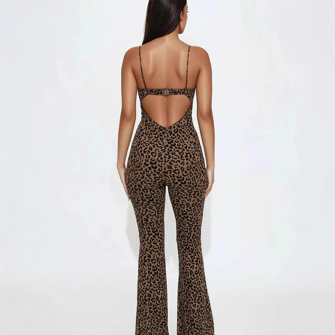Leopard Print Backless Slim Fit Jumpsuit