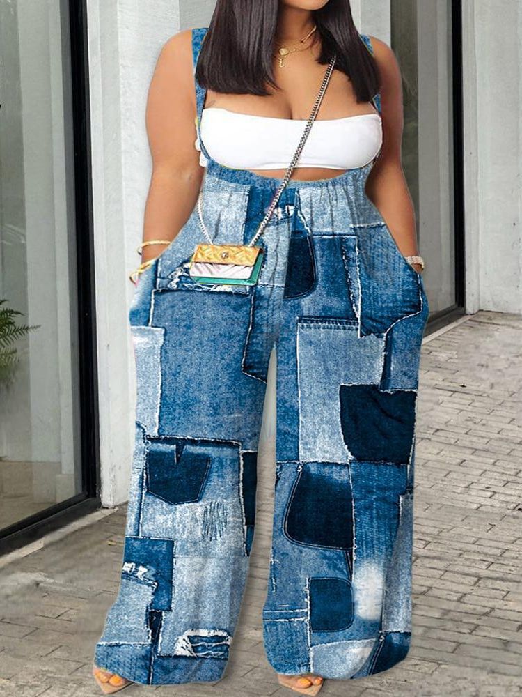 Plus Size Printed Loose Wide-Leg Overalls