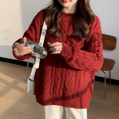 Womens Red Twisted Cable-knit Pullover Sweater for Fallwinter