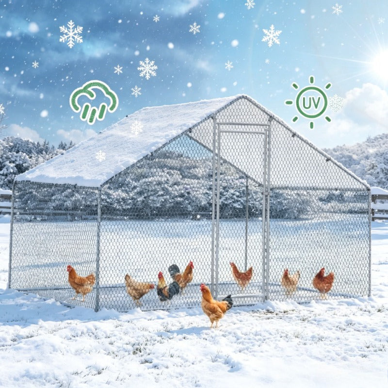 Silvery Metal Chicken and Rabbit Coop with Waterproof PE Cover – 5.1 ft L x 6.5 ft W x 6.5 ft H