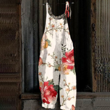 Women's Printed Street Hipster Fashion Multi-color Cotton And Linen Suspender Jumpsuit