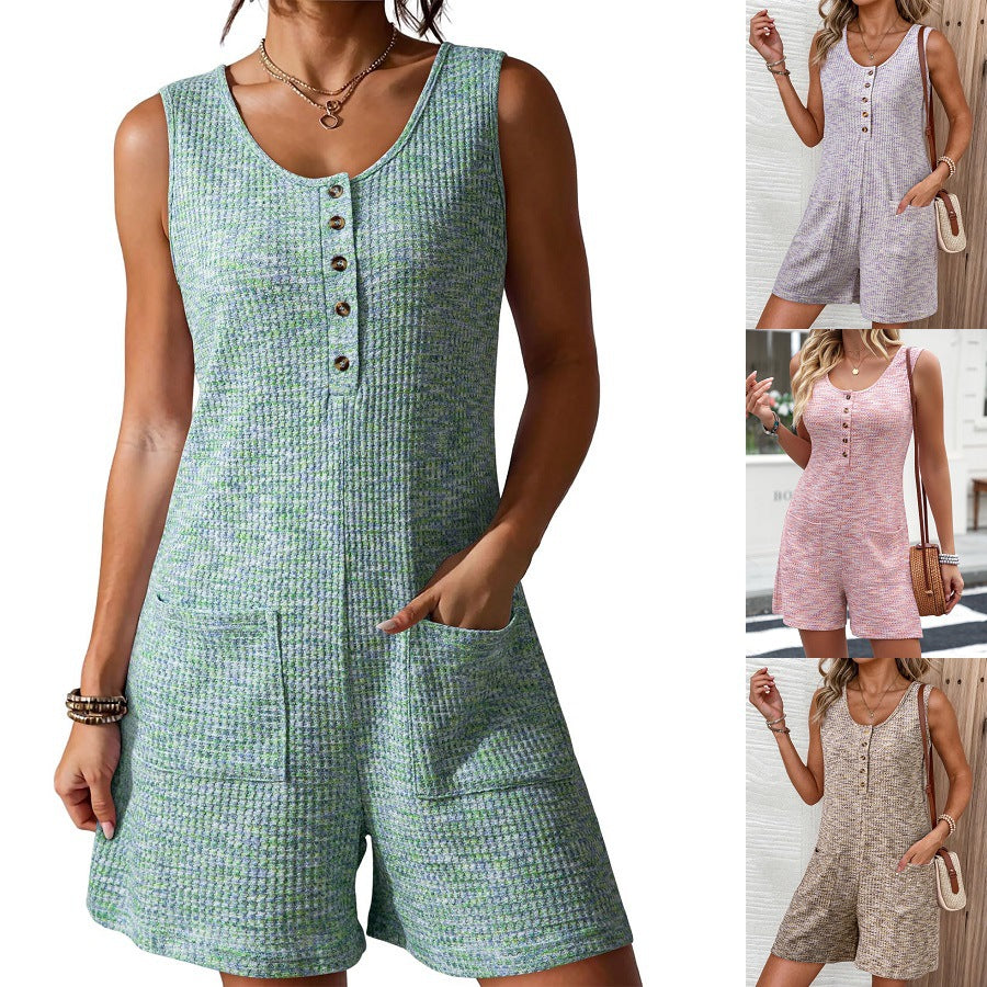 Womens Loose Waffle-Weave Tank Top Wide-Leg Jumpsuit