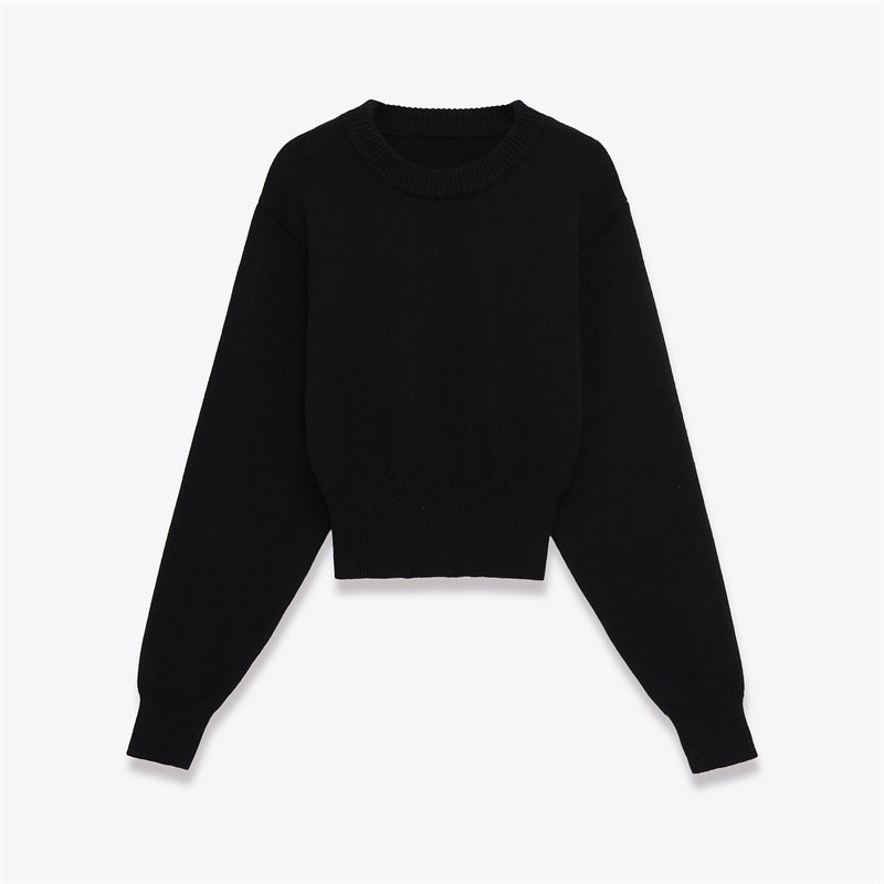 European and American Style Fashionable Round-neck Long-sleeve Plain Knit Sweater
