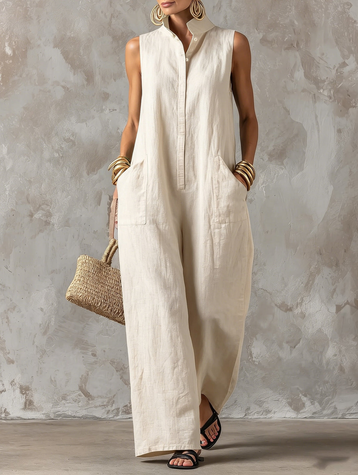 Chic Linen-Blend Stand-Collar Sleeveless Jumpsuit