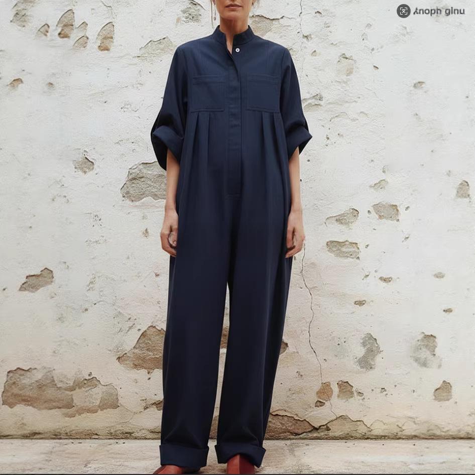 Solid-color Minimalist Pleated Loose-fitting Jumpsuit
