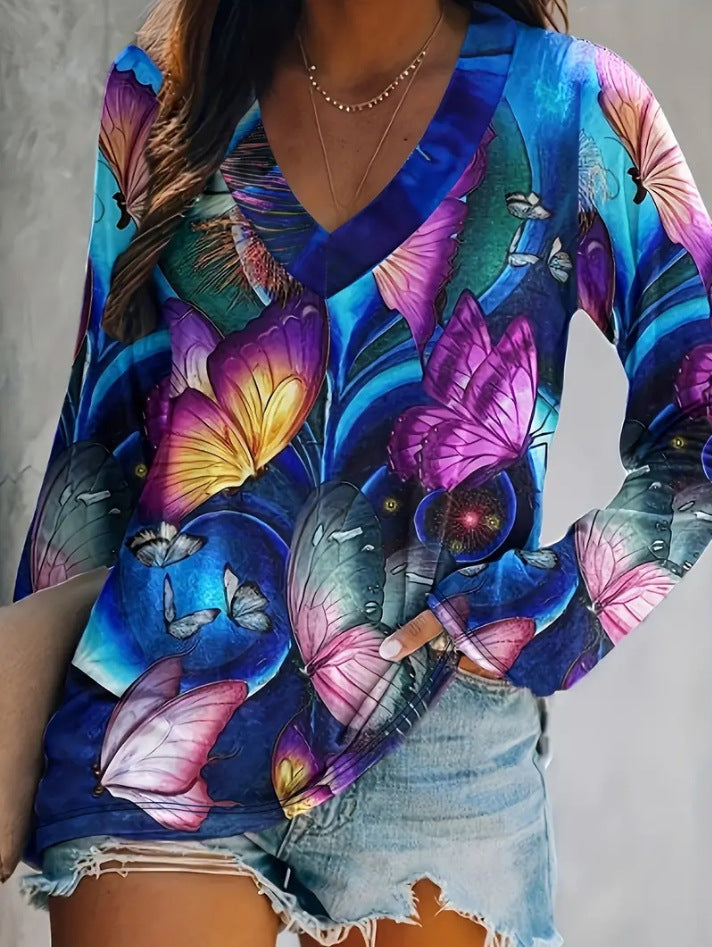 Retro 3D Print V-Neck Tee Casual Vintage Women's Top