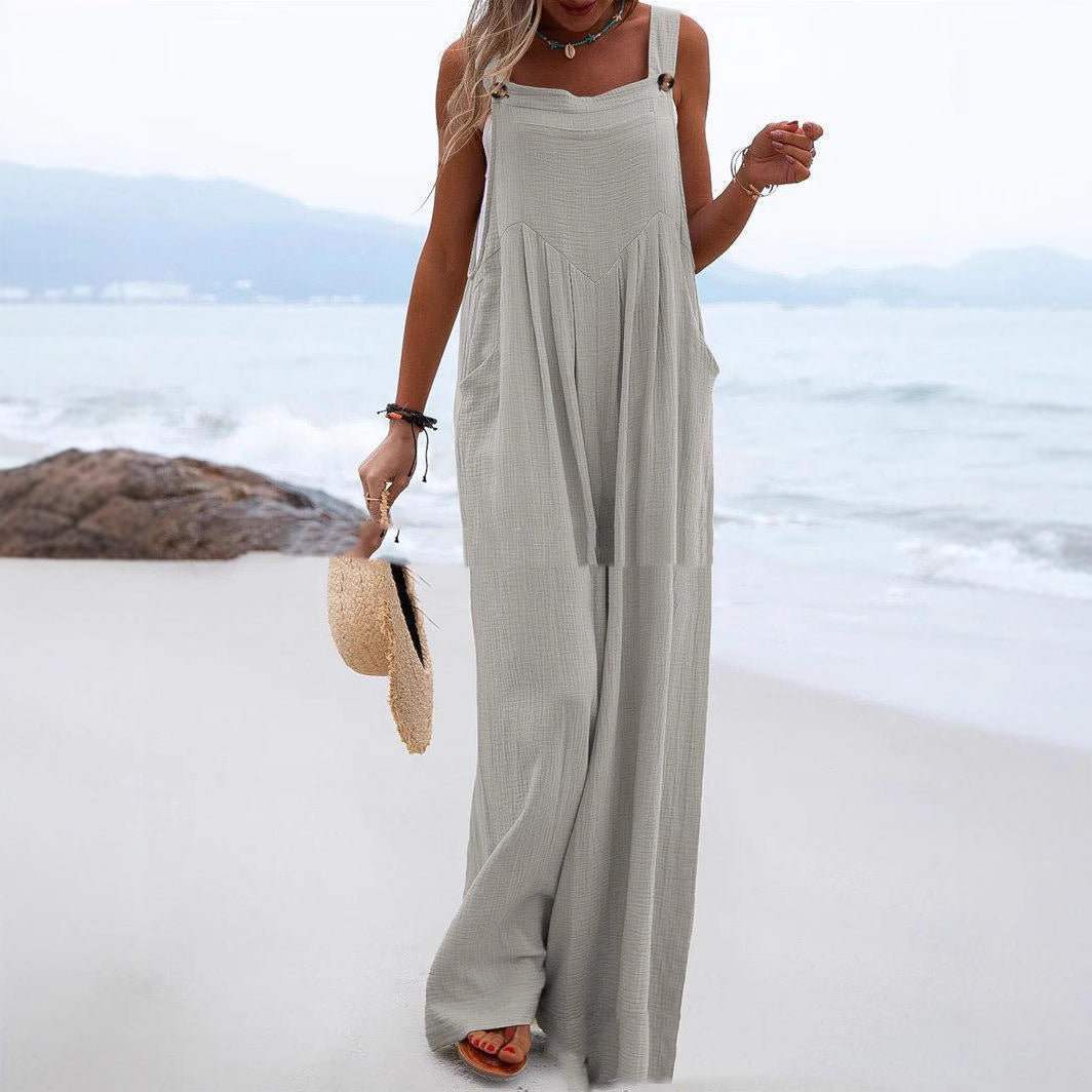 Sleeveless Wide-leg Buttoned Ethnic-style Jumpsuit