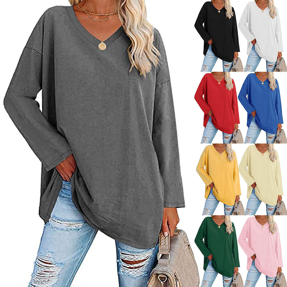 Oversized V-Neck Drop-Shoulder Casual Cotton T-Shirt