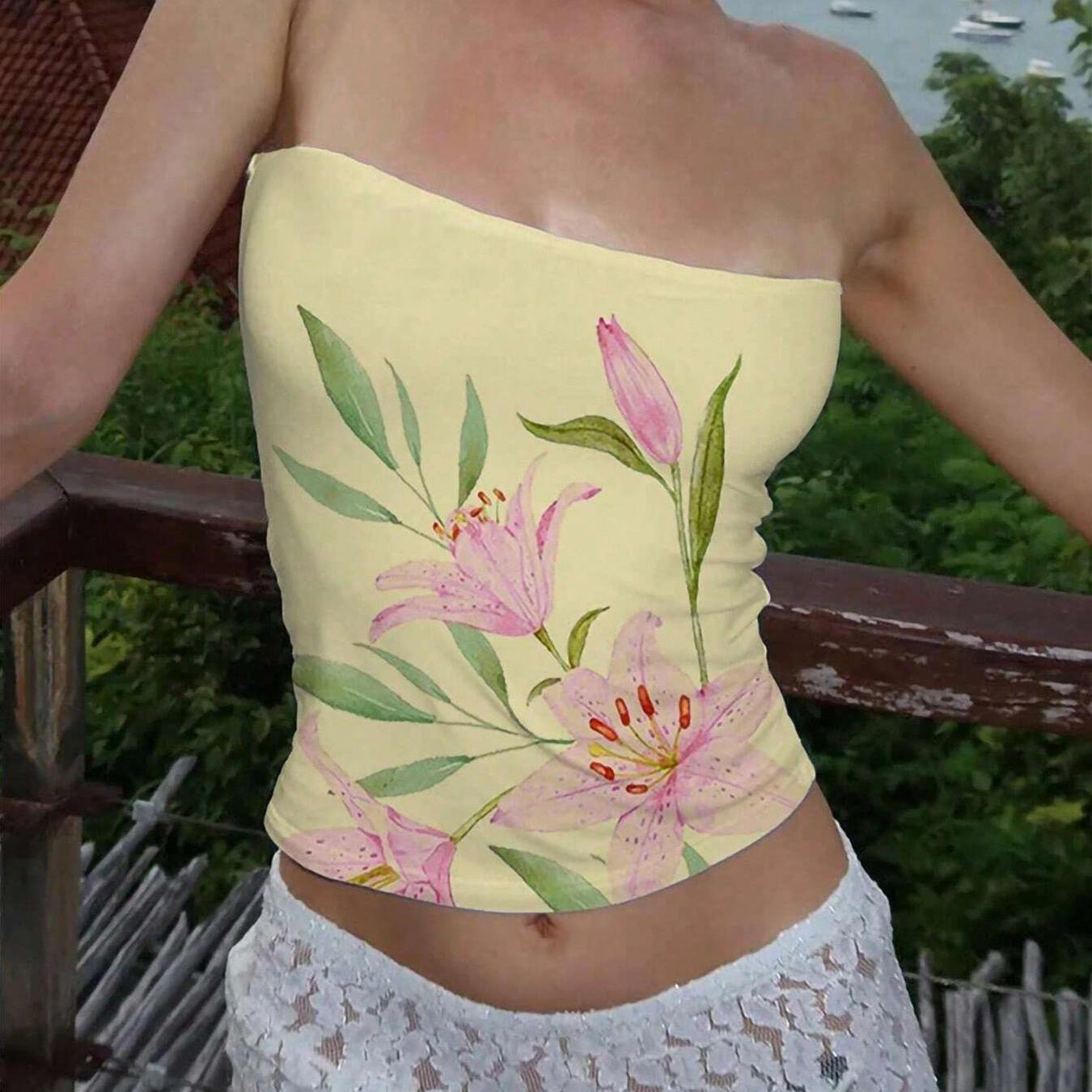 Floral Off‑Shoulder Sleeveless Camisole – Sexy Ultra‑Short Top