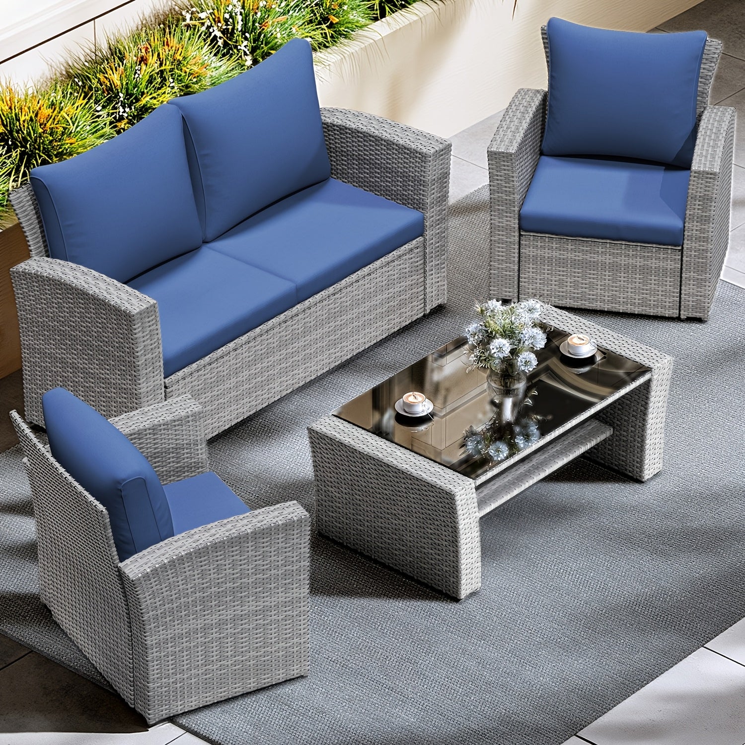 ROYALCRAFT 4pcs Patio Furniture Sets All Weather Outdoor Sectional Sofa Manual Weaving Wicker Rattan Outdoor Conversation Set with with Cushion And Glass Table