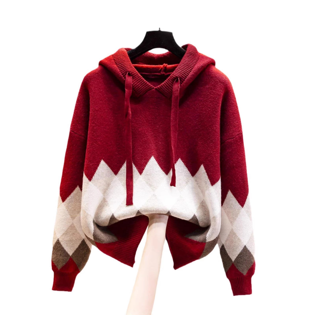 European and American-style Hooded Sweater Loose-fit Diamond-patterned Base Knit Top