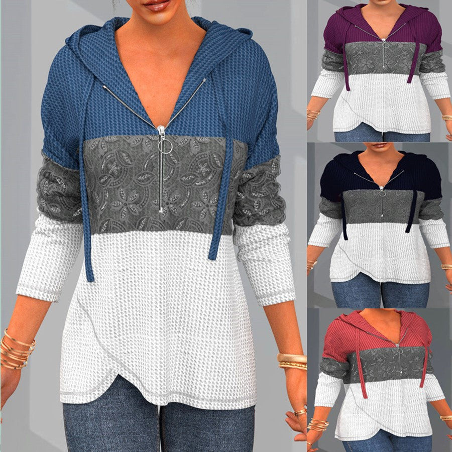 Women's Colorblock Hooded Zipper Sweater