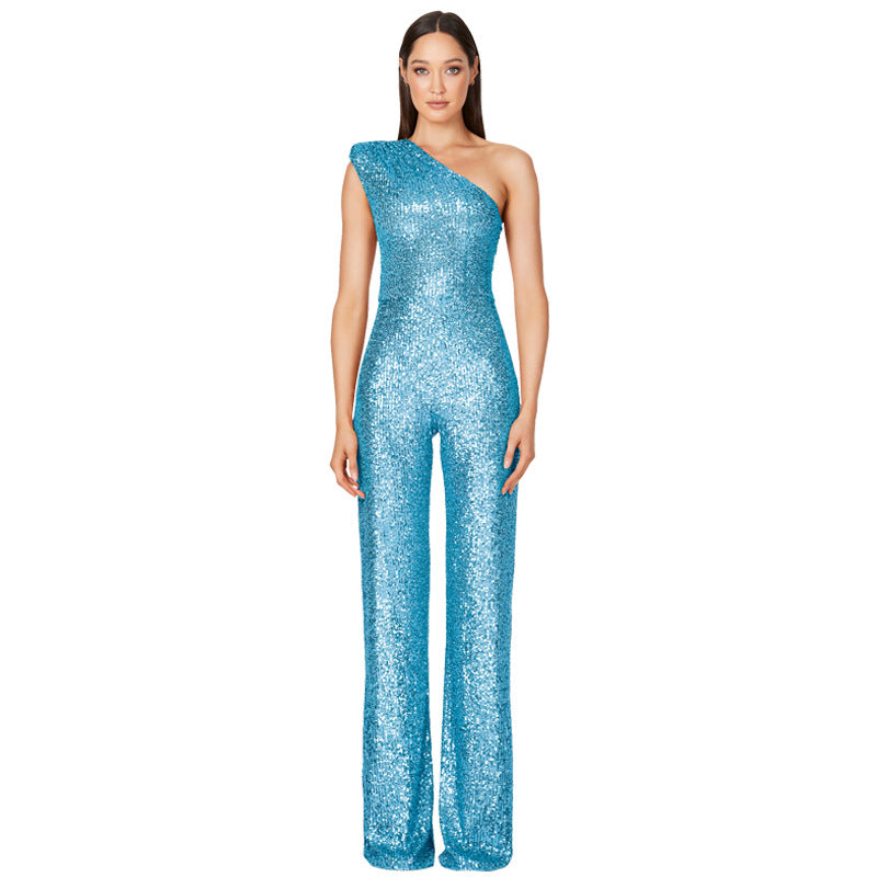 Glamorous One-Shoulder Sequined Wide-Leg Jumpsuit