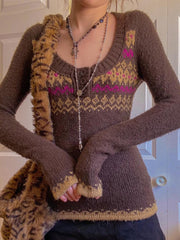 Elegant Base-layer Color-block Crew-neck Long-sleeve Knit Sweater