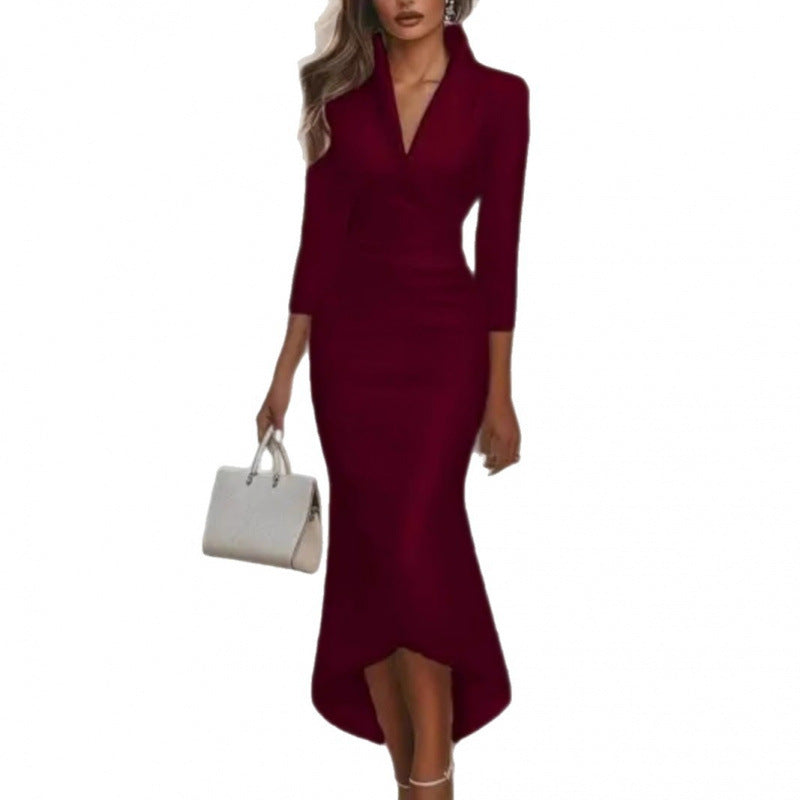 2025 Autumn New Amazon Elegant Pure Color Long-sleeved V Neck Satin…
