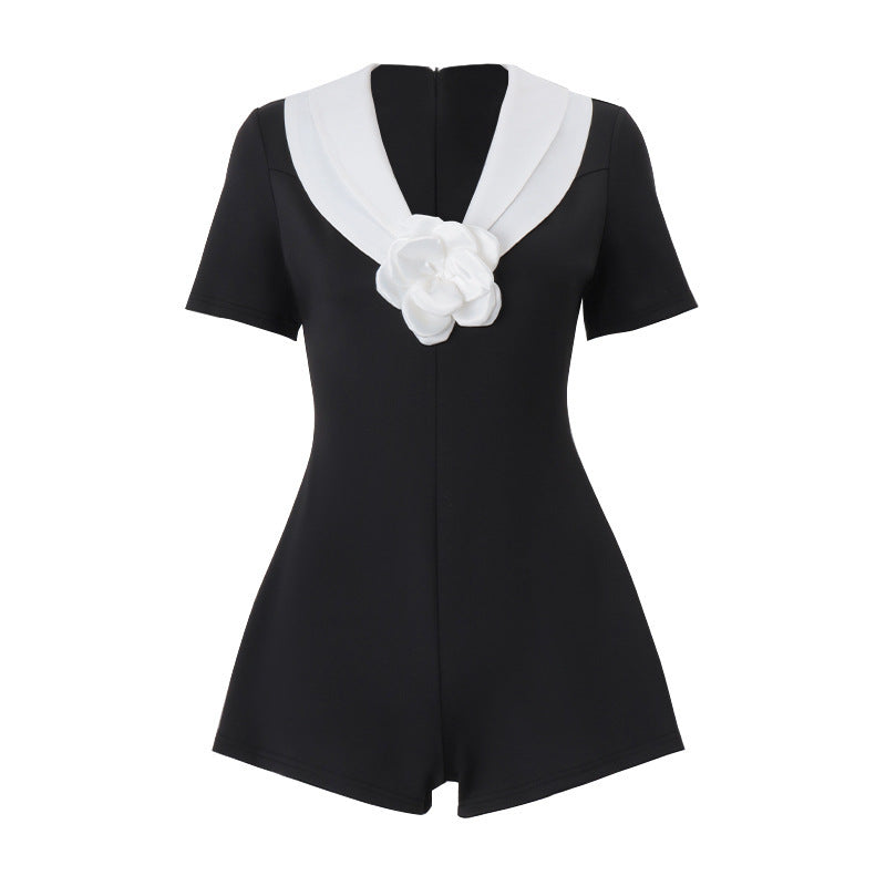 Sexy Color-Block Waist-Cinching Short Sleeve Jumpsuit