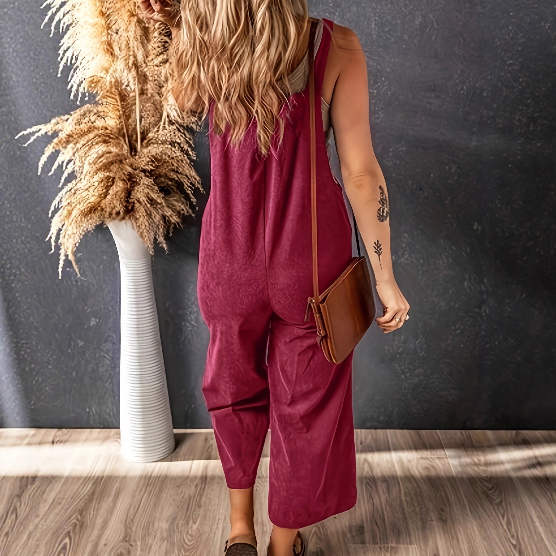 Casual Vacation Overalls With Pockets Solidcolor Corduroy Wide Leg Suspender Pants