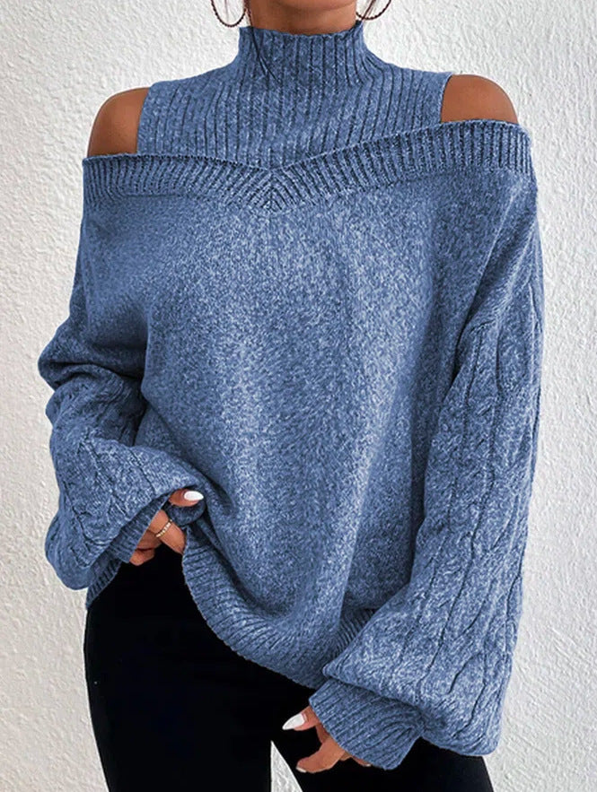 Off-shoulder Womens Pullover Mock Turtleneck Puff-sleeve Knit Sweat…