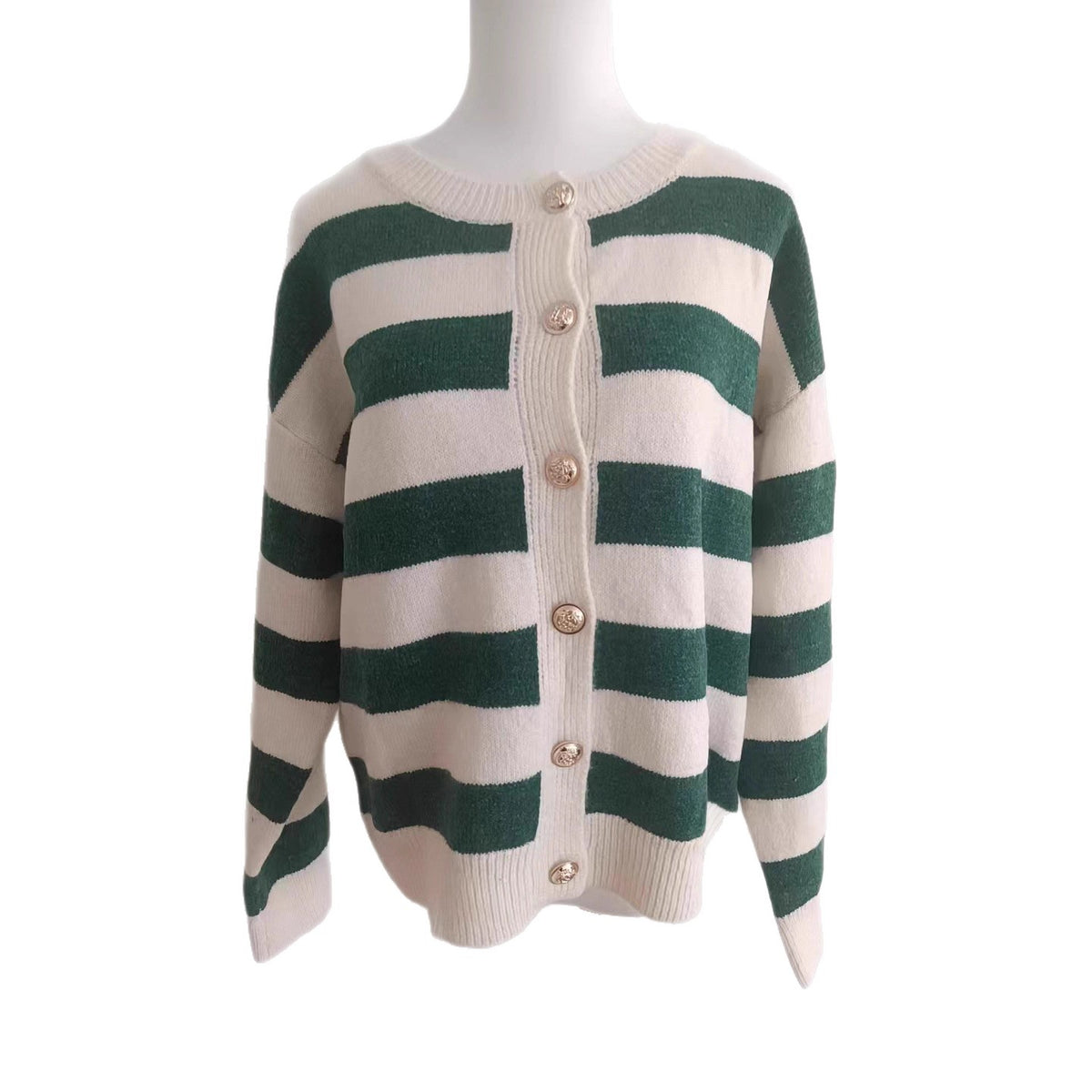 Women's Black and White Striped Knitted Cardigan Loose and Lazy Style High-grade Outer Wear Thick Sweater