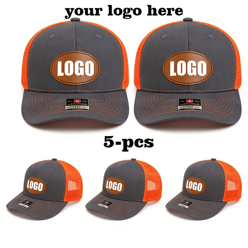 Set of 5 Tan Mesh Baseball Caps with Oval Logo – Snap‑Back Adjustable, 100% Polyester