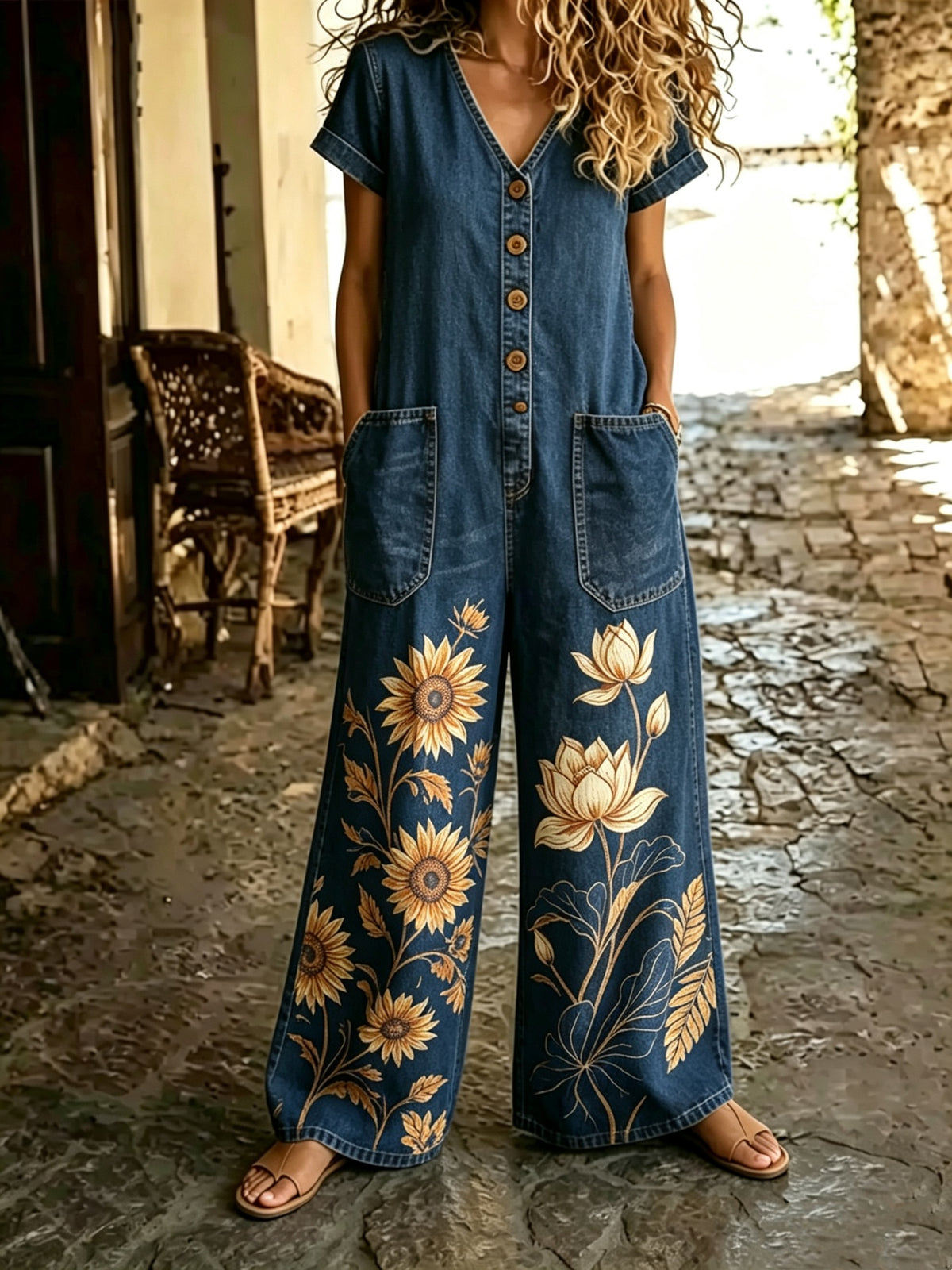 Denim Wide-Leg Short Sleeve Jumpsuit with Pockets