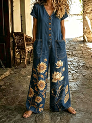Denim Wide-Leg Short Sleeve Jumpsuit with Pockets