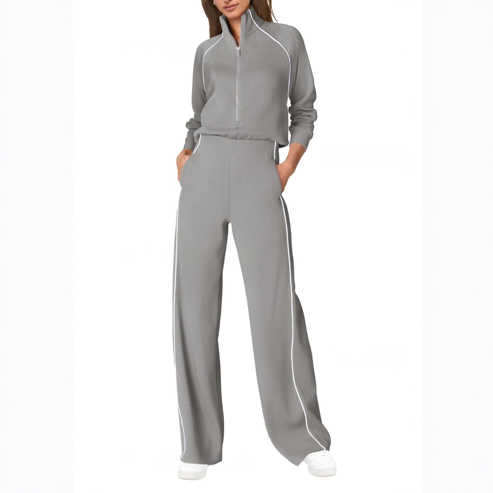 Color-Block Half-Zip Casual Sports Jumpsuit
