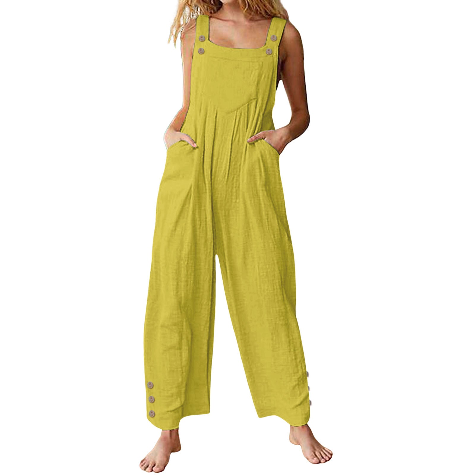 Womens Casual Loose-fitting Sleeveless Buttoned Jumpsuit