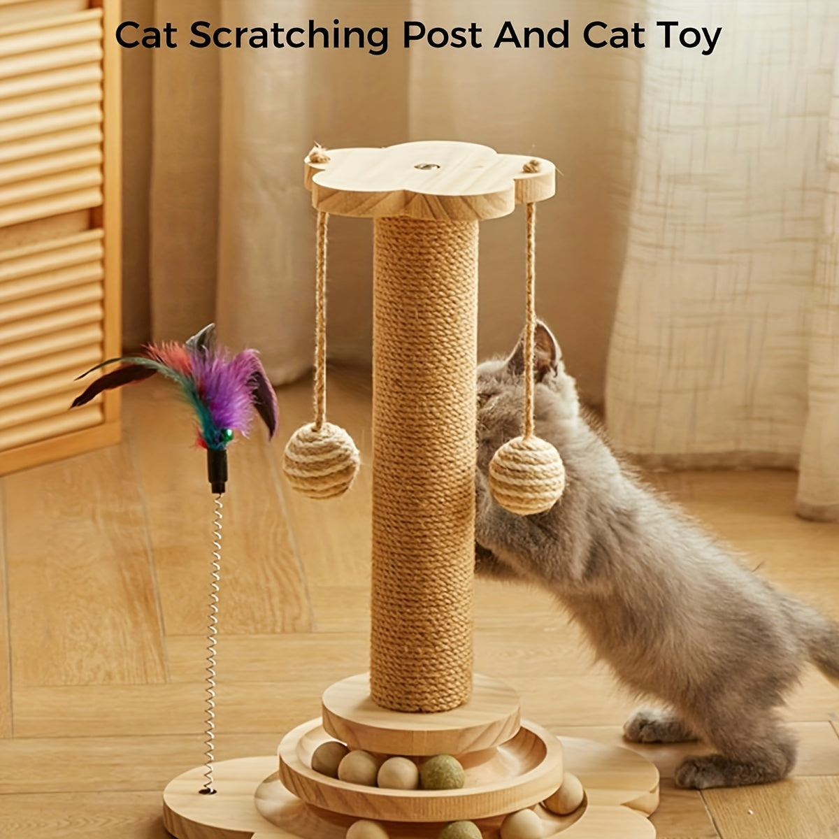 Cat Scratching Post, 4in 1 Wooden Cat Scratcher Toy, 17.7 Tall Scratch Post With 2 Level Cat Track Balls, Interactive Cat Feather Toy And 2 Sisal Hanging Balls For Indoor Kittens, Best Gift For Your